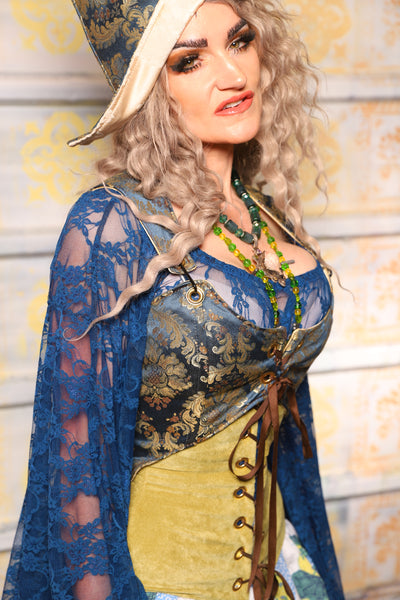 Cropped Marie Overbust in Blue & Gold Brocade Medallion - Surprise Sale!