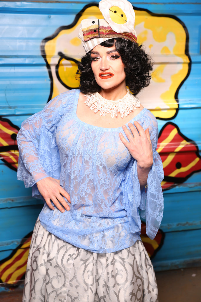 Flounce Blouse in Periwinkle Lace - "Wakey Wakey Eggs & Bakey" Collection