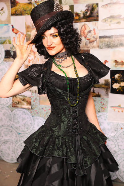 21. Petite Overbust w/Voyager Collar in Black & Green Medallion - The Fowl Majesty Collection