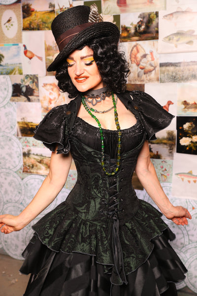 21. Petite Overbust w/Voyager Collar in Black & Green Medallion - The Fowl Majesty Collection