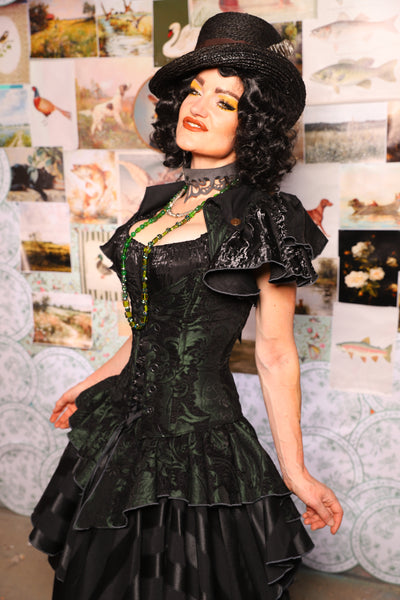 21. Petite Overbust w/Voyager Collar in Black & Green Medallion - The Fowl Majesty Collection