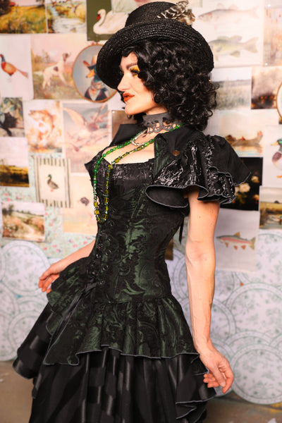 21. Petite Overbust w/Voyager Collar in Black & Green Medallion - The Fowl Majesty Collection