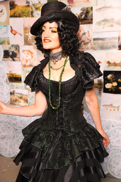 21. Petite Overbust w/Voyager Collar in Black & Green Medallion - The Fowl Majesty Collection