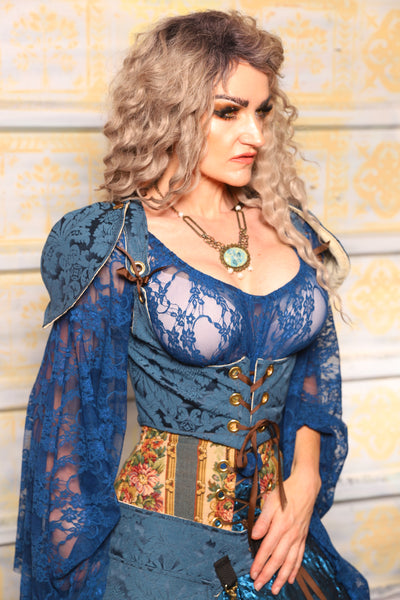Cropped Vixen Corset w/pauldron Shoulders in Peacock MEdallion - Surprise Sale!