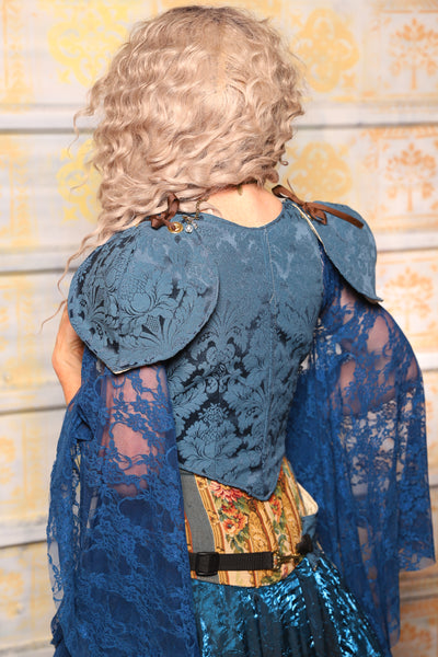 Cropped Vixen Corset w/pauldron Shoulders in Peacock MEdallion - Surprise Sale!