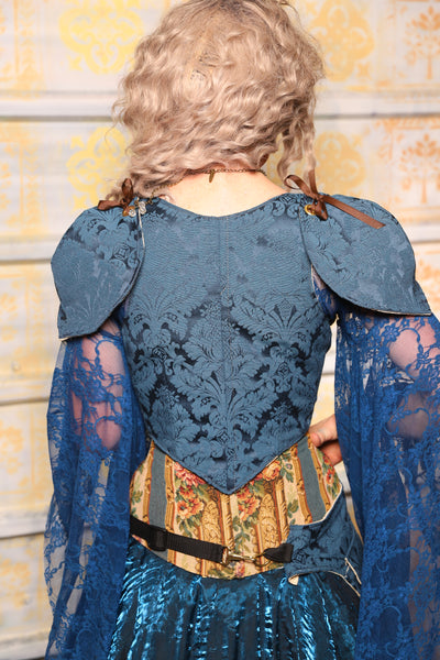 Cropped Vixen Corset w/pauldron Shoulders in Peacock MEdallion - Surprise Sale!
