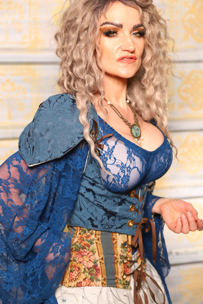 Cropped Vixen Corset w/pauldron Shoulders in Peacock MEdallion - Surprise Sale!