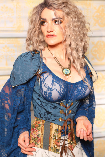 Cropped Vixen Corset w/pauldron Shoulders in Peacock MEdallion - Surprise Sale!