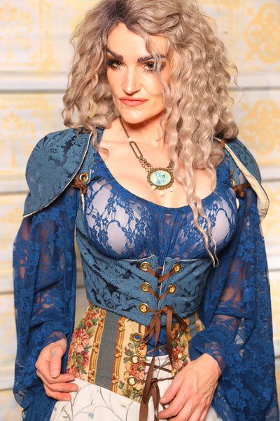 Cropped Vixen Corset w/pauldron Shoulders in Peacock MEdallion - Surprise Sale!