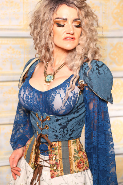 Cropped Vixen Corset w/pauldron Shoulders in Peacock MEdallion - Surprise Sale!