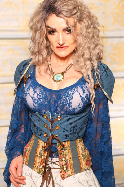 Cropped Vixen Corset w/pauldron Shoulders in Peacock MEdallion - Surprise Sale!