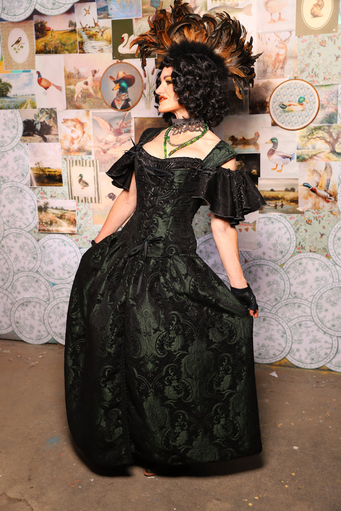 28. QUEENIE Skirt w/Lace Trim & Pocket *Sewn in Skirt Hikes* in Black & Green Medallion -The Fowl Majesty Collection
