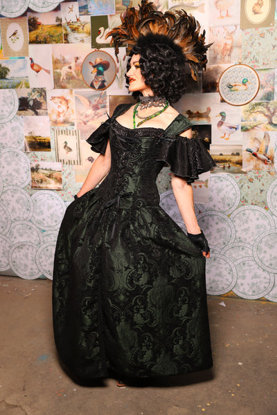 28. QUEENIE Skirt w/Lace Trim & Pocket *Sewn in Skirt Hikes* in Black & Green Medallion -The Fowl Majesty Collection
