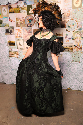 28. QUEENIE Skirt w/Lace Trim & Pocket *Sewn in Skirt Hikes* in Black & Green Medallion -The Fowl Majesty Collection