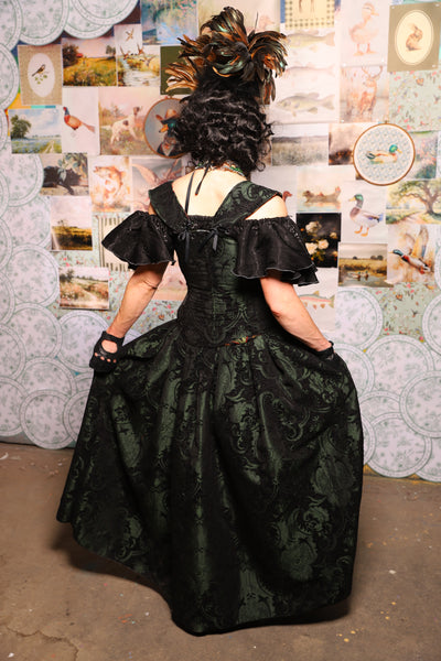 28. QUEENIE Skirt w/Lace Trim & Pocket *Sewn in Skirt Hikes* in Black & Green Medallion -The Fowl Majesty Collection
