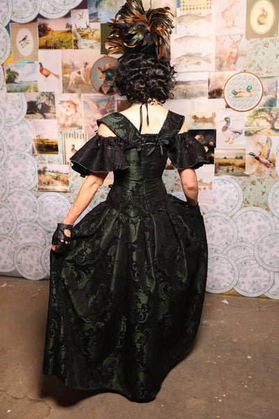 28. QUEENIE Skirt w/Lace Trim & Pocket *Sewn in Skirt Hikes* in Black & Green Medallion -The Fowl Majesty Collection