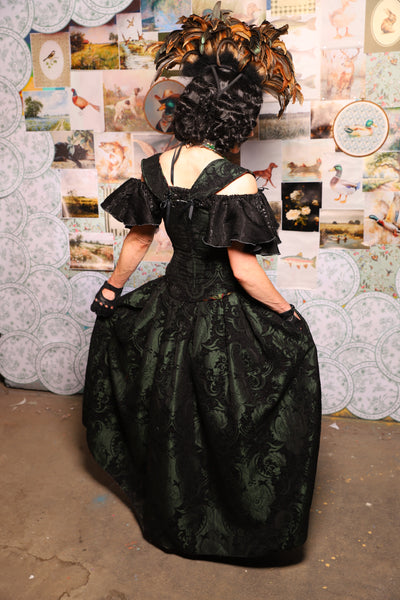 28. QUEENIE Skirt w/Lace Trim & Pocket *Sewn in Skirt Hikes* in Black & Green Medallion -The Fowl Majesty Collection