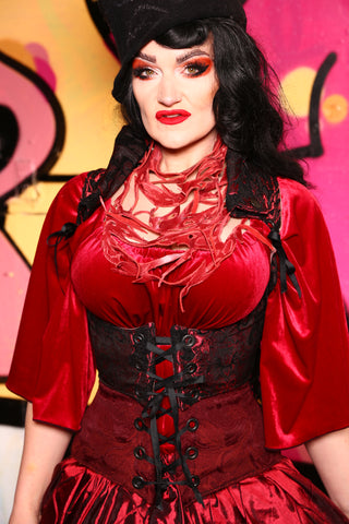 Cropped Vixen w/ Fold Over Collar in Crimson & Black Grand Medallion  -"The Raven & Ruby Collection"- #17