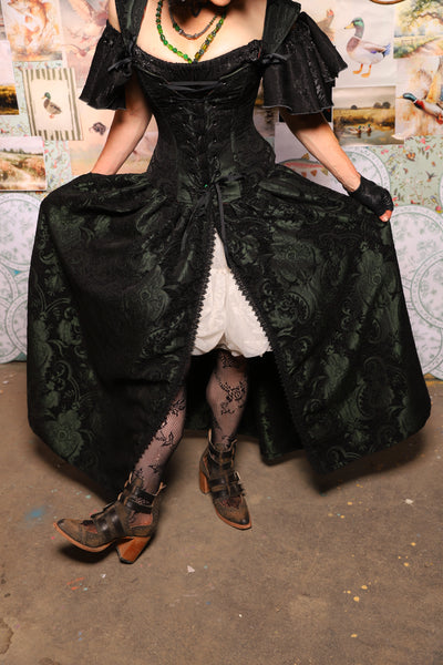28. QUEENIE Skirt w/Lace Trim & Pocket *Sewn in Skirt Hikes* in Black & Green Medallion -The Fowl Majesty Collection