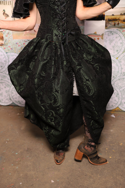 28. QUEENIE Skirt w/Lace Trim & Pocket *Sewn in Skirt Hikes* in Black & Green Medallion -The Fowl Majesty Collection