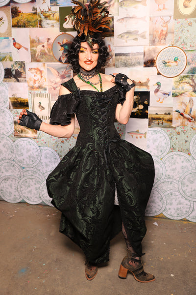 28. QUEENIE Skirt w/Lace Trim & Pocket *Sewn in Skirt Hikes* in Black & Green Medallion -The Fowl Majesty Collection