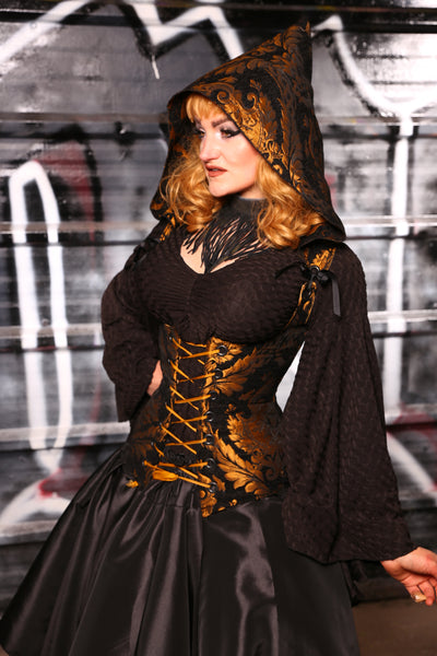 Hooded Vixen Corset In  Black & Gold Medallion - "13 Days of Halloween 2024" Day 5