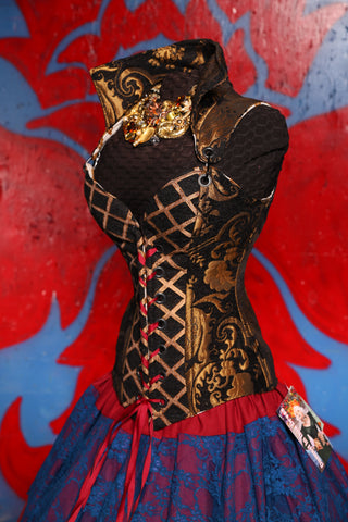 Courtier Corset in Black & Gold Medallion w/ Black & Gold Lattice Center Panel - The Checkered Past Collection
