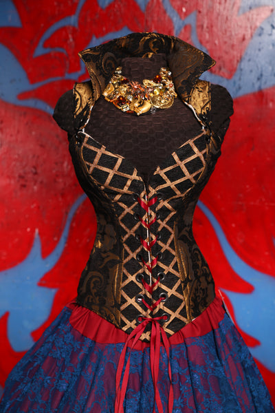 Courtier Corset in Black & Gold Medallion w/ Black & Gold Lattice Center Panel - The Checkered Past Collection