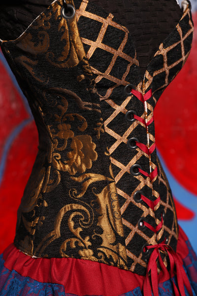 Courtier Corset in Black & Gold Medallion w/ Black & Gold Lattice Center Panel - The Checkered Past Collection