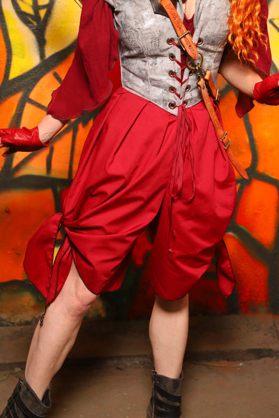 Side Tie Knee Length Bloomers w/Pocket in Red Cotton Broadcloth -"Bowstrings & Bodices Collection"