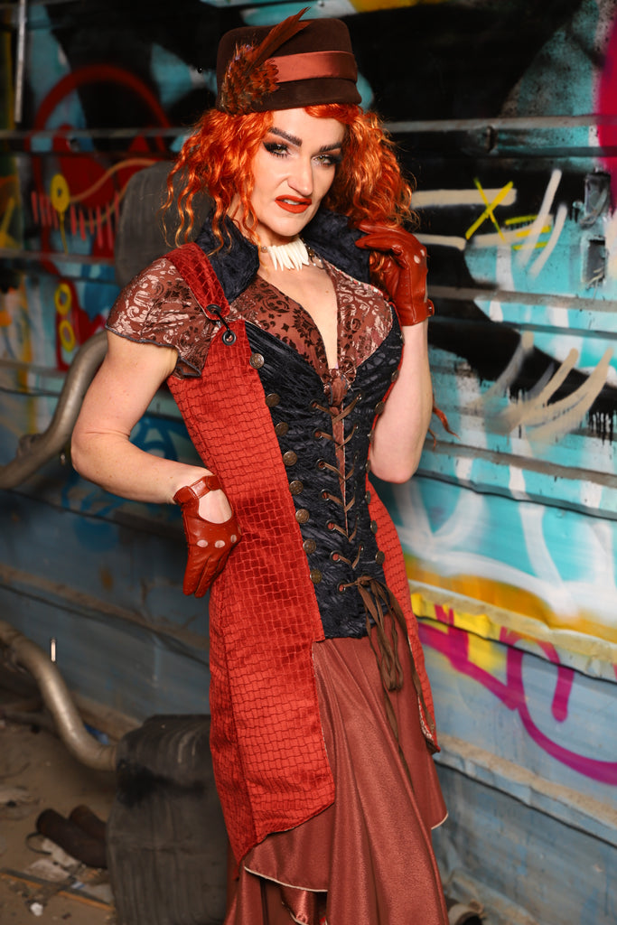 04. Buccaneer Coat Corset in Sunbaked Saffron w/center panels in Black Tendrils - The "Ensembled in Embers" Collection