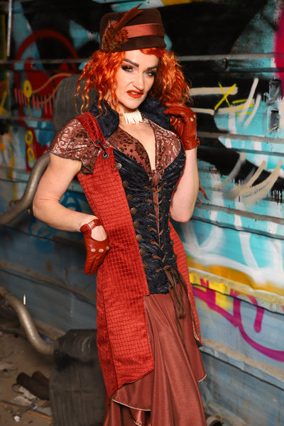 04. Buccaneer Coat Corset in Sunbaked Saffron w/center panels in Black Tendrils - The "Ensembled in Embers" Collection