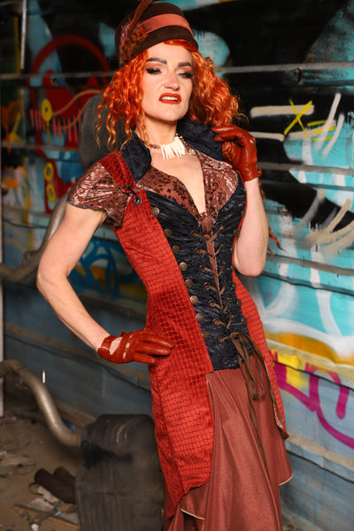 04. Buccaneer Coat Corset in Sunbaked Saffron w/center panels in Black Tendrils - The "Ensembled in Embers" Collection