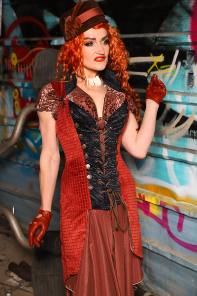 04. Buccaneer Coat Corset in Sunbaked Saffron w/center panels in Black Tendrils - The "Ensembled in Embers" Collection