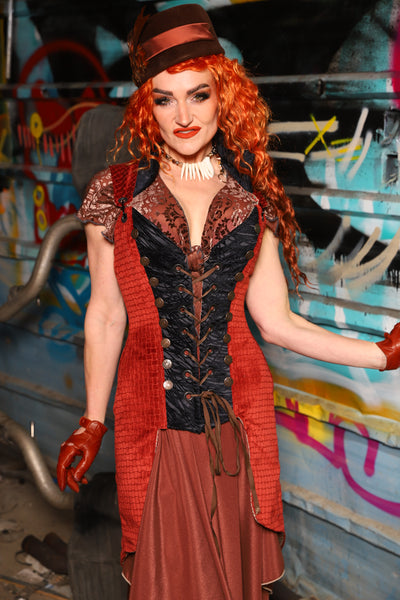 04. Buccaneer Coat Corset in Sunbaked Saffron w/center panels in Black Tendrils - The "Ensembled in Embers" Collection