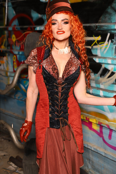 04. Buccaneer Coat Corset in Sunbaked Saffron w/center panels in Black Tendrils - The "Ensembled in Embers" Collection
