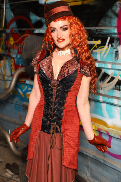 04. Buccaneer Coat Corset in Sunbaked Saffron w/center panels in Black Tendrils - The "Ensembled in Embers" Collection