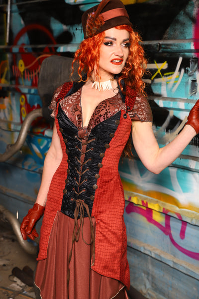 04. Buccaneer Coat Corset in Sunbaked Saffron w/center panels in Black Tendrils - The "Ensembled in Embers" Collection