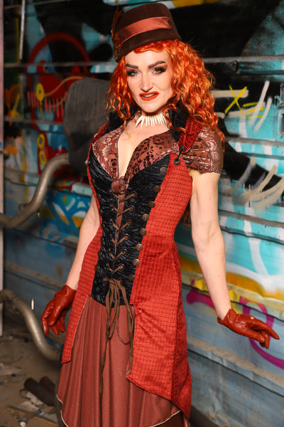 04. Buccaneer Coat Corset in Sunbaked Saffron w/center panels in Black Tendrils - The "Ensembled in Embers" Collection