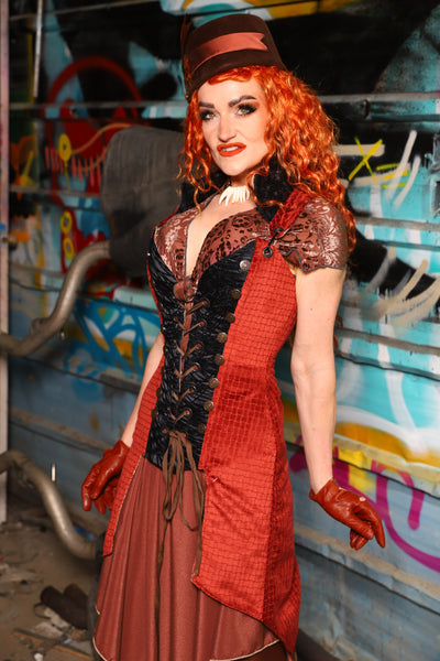 04. Buccaneer Coat Corset in Sunbaked Saffron w/center panels in Black Tendrils - The "Ensembled in Embers" Collection