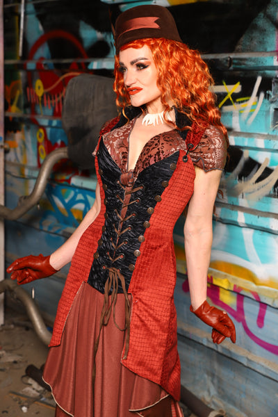 04. Buccaneer Coat Corset in Sunbaked Saffron w/center panels in Black Tendrils - The "Ensembled in Embers" Collection