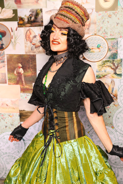 34. Wren Overbust Vest *NO TAIL* in Black & Green Medallion - The Fowl Majesty Collection