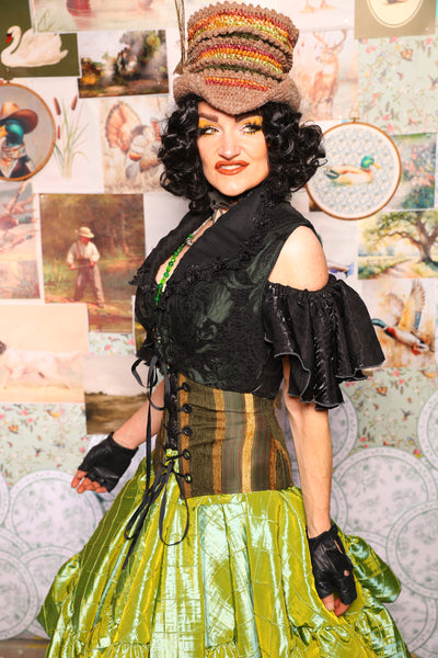 34. Wren Overbust Vest *NO TAIL* in Black & Green Medallion - The Fowl Majesty Collection