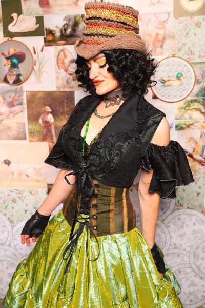 34. Wren Overbust Vest *NO TAIL* in Black & Green Medallion - The Fowl Majesty Collection