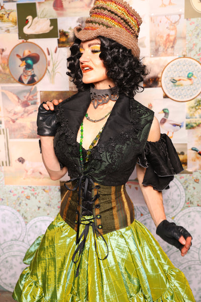 34. Wren Overbust Vest *NO TAIL* in Black & Green Medallion - The Fowl Majesty Collection
