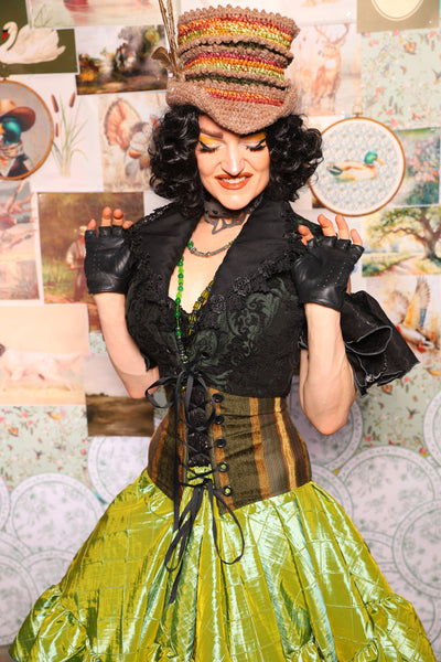 34. Wren Overbust Vest *NO TAIL* in Black & Green Medallion - The Fowl Majesty Collection
