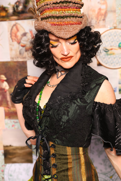 34. Wren Overbust Vest *NO TAIL* in Black & Green Medallion - The Fowl Majesty Collection