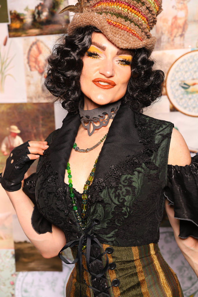 34. Wren Overbust Vest *NO TAIL* in Black & Green Medallion - The Fowl Majesty Collection