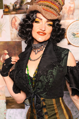 34. Wren Overbust Vest *NO TAIL* in Black & Green Medallion - The Fowl Majesty Collection