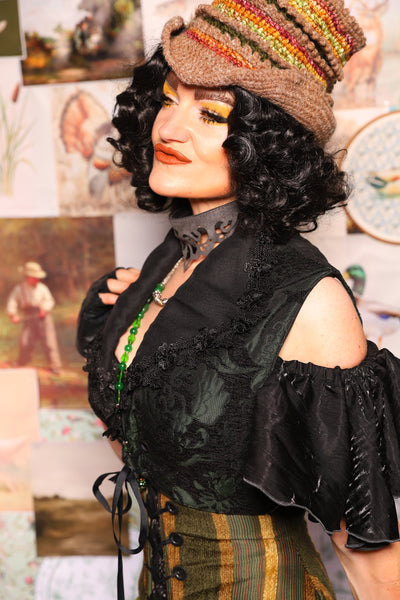 34. Wren Overbust Vest *NO TAIL* in Black & Green Medallion - The Fowl Majesty Collection